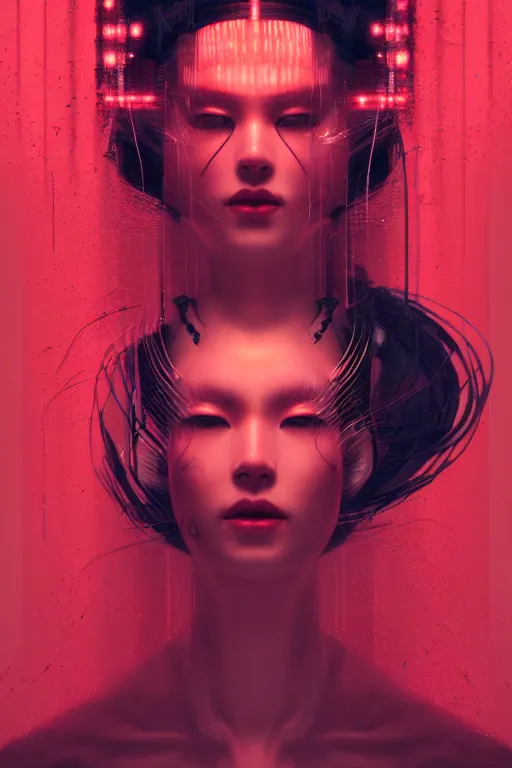 Image similar to A masterpiece portrait of a Incredibly cyberpunk geisha by Ash Thorp, red LED lights, extremely beautiful and proportionate face, sharp focus, hyper detailled