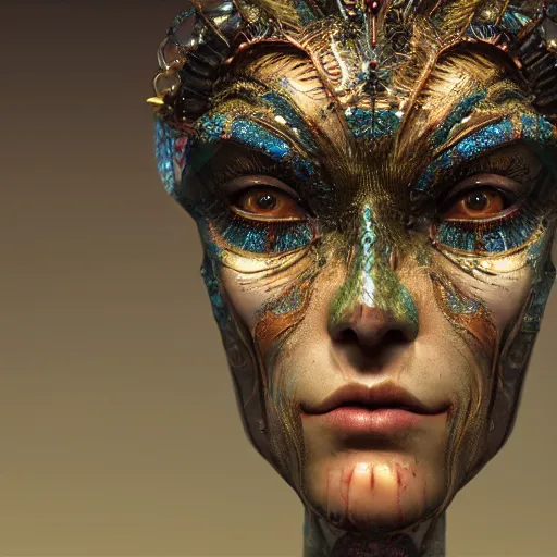 Prompt: Very very very very highly detailed epic photo of beautiful face with carnival mask, intricate, dystopian, sci-fi, extremely detailed, digital painting, artstation, concept art, smooth, sharp focus, illustration, intimidating lighting, incredible art by Anton Pieck, Octane render in Maya and Houdini VFX
