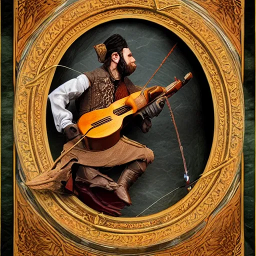 Prompt: a fancy rat man fantasy dnd bard performing on a stage playing lute, fine digital art, extreme detail, highly complex, very intricate, volumetric bushes