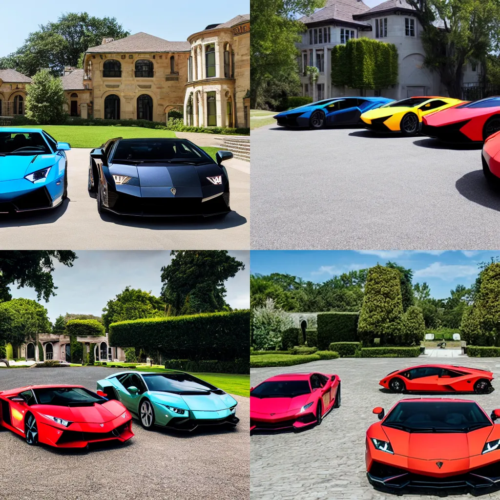 Prompt: three lamborghinis in the mansion driveway