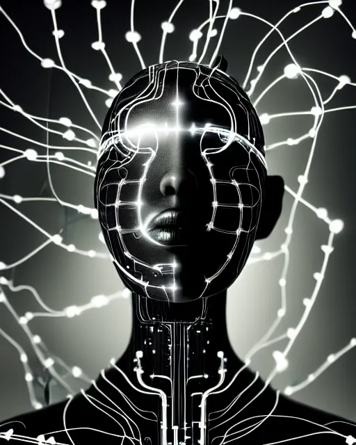 Image similar to black and white cyborg-plant goddess high quality photo, microchip, artificial intelligence, bio-mechanical bio-luminescence, black wired cables, neurons, nerve cells, octane render, cinematic, rim light, hyper realism, photo-realistic, high detail, 8k, masterpiece, high fashion, in the style of Steven Meisel and Dora Maar and H.G. Giger