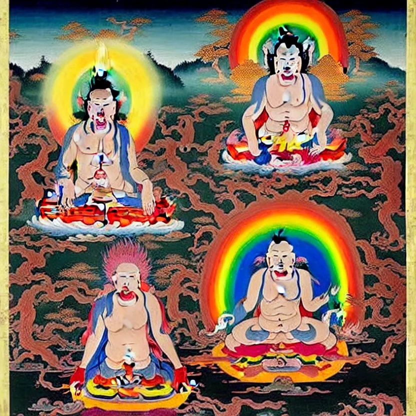 Image similar to a sacred painting of a beautiful flesh - eating timikawa with rainbow fur eating a screaming man, sitting on chair made of human limbs, the chair is floating in a lake of blood, surrounding the lake are melting trees, tibetan thangka, nightmare scene, supernatural, highly detailed, creepy, terrifying