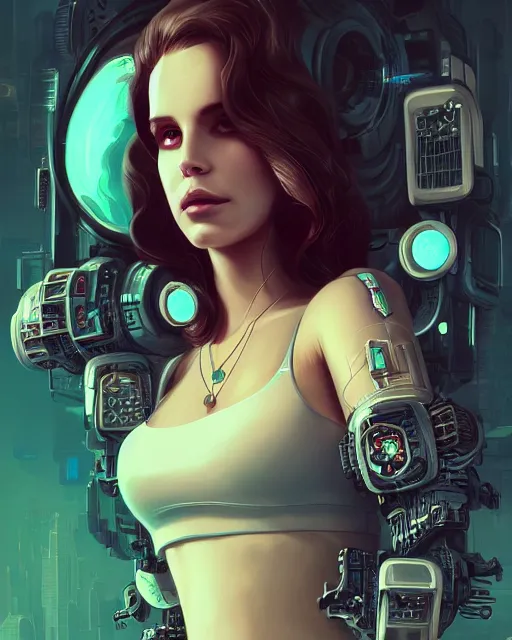 Prompt: portrait of lana del rey as a cyberpunk cyborg. roses, sci - fi, intricate abstract, upper body, intricate artwork, by tooth wu, wlop, beeple, dan mumford. concept art, 8 k octane render, deviantart, greg rutkowski, cinematic, key art, hyperrealism, iridescent accents