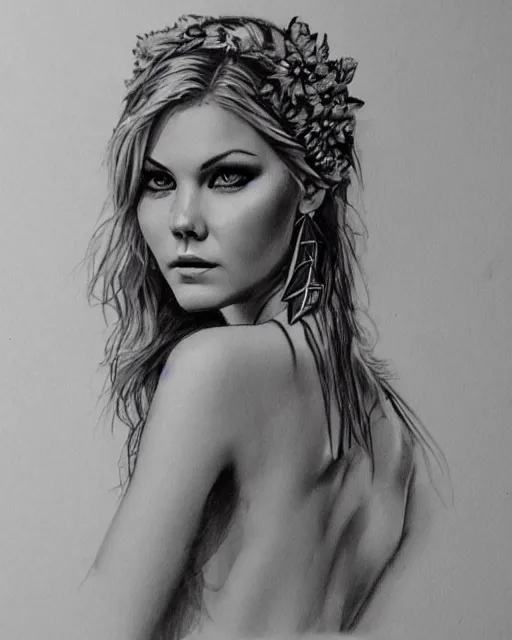 Prompt: realism tattoo sketch of elisha cuthbert as a beautiful greek goddess aphrodite with piercing eyes wearing a laurel wreath and triangle earrings, in the style of greg rutkowski, amazing detail