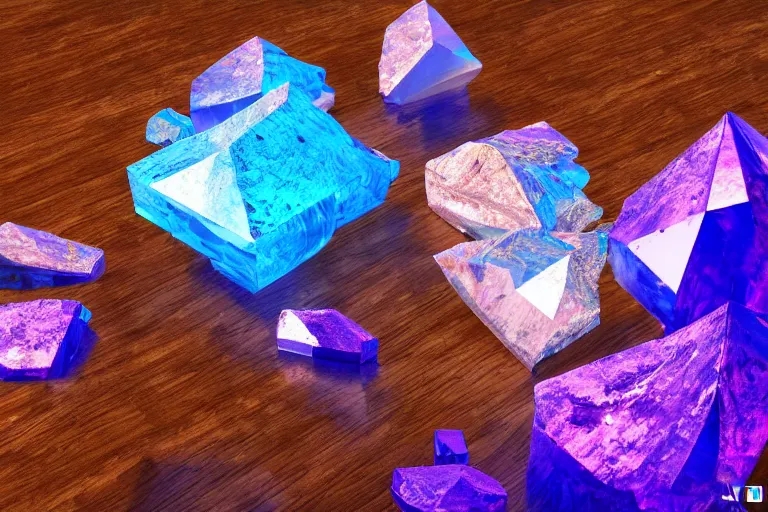 Prompt: Many bismuth crystals of various sizes on polished wood. Featured on artstation 8k unreal engine. Volumetric lighting