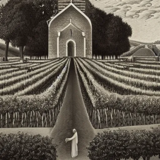 Image similar to Hyperrealism traditional austian church in a vineyard, painting by MC Escher