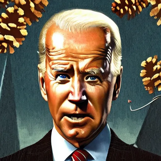 Prompt: joe biden as a pine cone headed man with hard black eyes very angry, rule of thirds, super sharp, 4 k, ultra detailed, norman rockwell, richard corben.