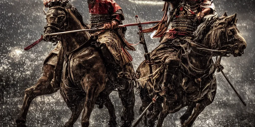 Image similar to close up macro shot of a roman general riding a horse fighting a samurai with swords on wet tokyo street at night, intricate, hyper detailed, smooth, dramatic lighting, cinematic