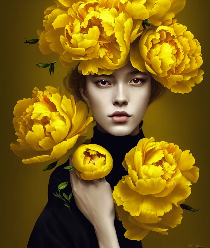 Image similar to beautiful yellow woman, symmetrical portrait, realistic, full body, black peonies, snake twist, rich details, by wlop