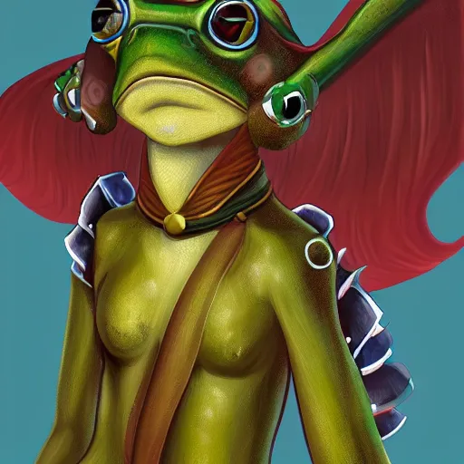 Prompt: Beautiful portrait digital painting, oil painting, anthro anthropomorphic frog androgynous , at a lake anarchist anarcho-punk Punk Punk outfit. furaffinity, artstation