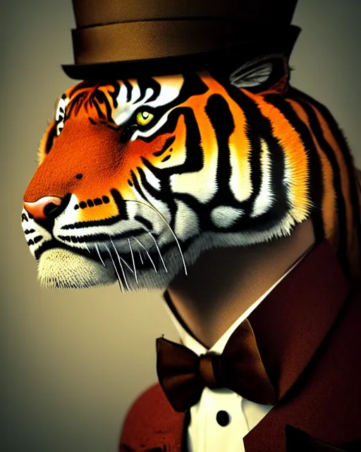 Prompt: steampunk male tiger portrait, handsome, steampunk hat, detective coat, steampunk monocle, complex 3 d render by ilya kuvshinov, peter mohrbacher, greg rutkowski, ryohei hase, dramatic lighting, intricate, highly detailed, sharp focus, luminous, unreal engine, blender, artstation, masterpiece, ray tracing