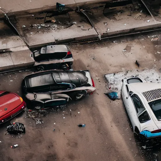 Prompt: aerial photography, a number of car, dust, humus, wet street, graffiti on wall, trash scattered everywhere, abandoned car garage, 8 k, uhd, after rain, cinematic lighting, incrinate