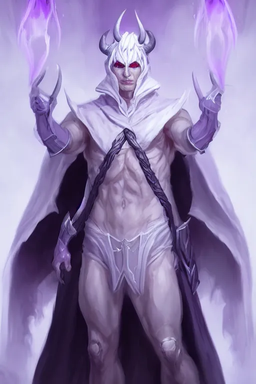 Prompt: human male demon, white purple cloak, character concept art, costume design, black eyes, white horns, trending on artstation, Artgerm , WLOP