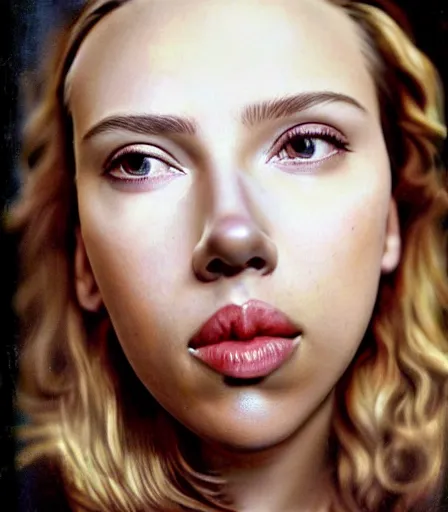 Image similar to a high quality, high detail, photorealistic portrait of scarlett johansson by james nachtwey and lucian freud,