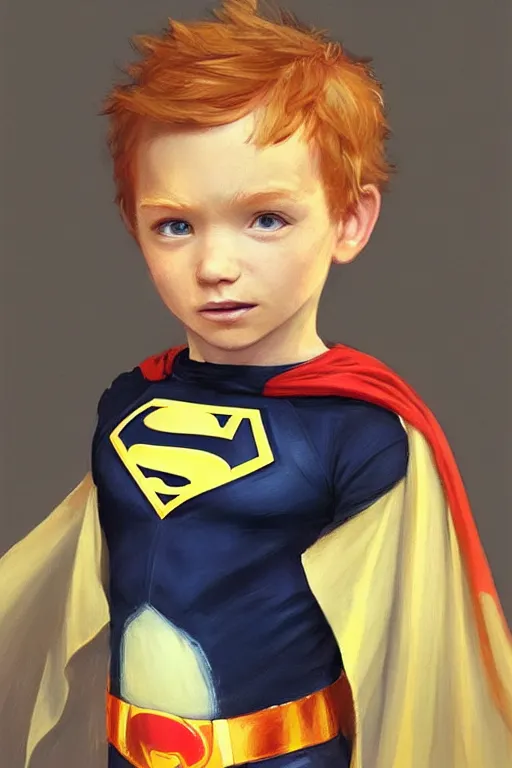 Prompt: a little boy with a michievous face and ginger hair. he is dressed as a superhero. clean elegant painting, beautiful detailed face. by artgerm and greg rutkowski