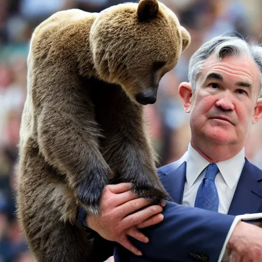 Image similar to Jerome Powell is sitting on top of a bear. Jerome powell is riding the bear like a horse.