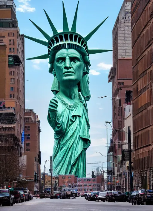 Prompt: giant monster with the face of the statue of liberty walking between buildings