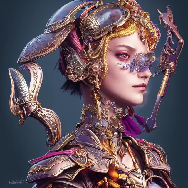 Image similar to studio portrait of lawful good colorful female holy mech paladin as absurdly beautiful, elegant, young sensual woman, ultrafine hyperrealistic detailed face illustration by kim jung gi, irakli nadar, intricate linework, sharp focus, bright colors, matte, octopath traveler, final fantasy, unreal engine highly rendered, global illumination, radiant light, intricate environment