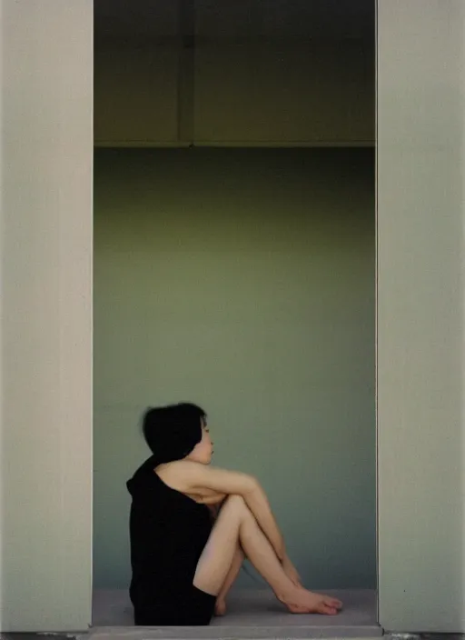 Prompt: photography girl looking sitting next to window by rinko kawauchi