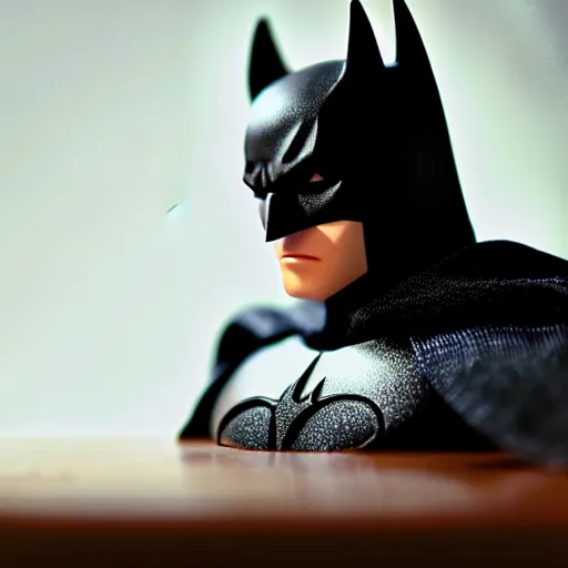 Prompt: close up of photo of Batman action figure on table top with fairy lights in the background, expired film, thin dof, soft lighting, realistic, swirly bokeh,