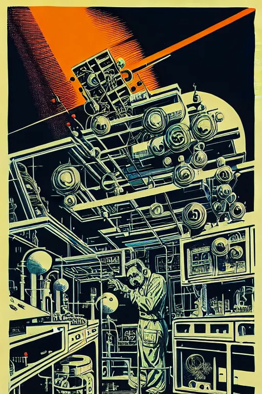 Prompt: mad - scientist laboratory, high details, intricately detailed, by vincent di fate, inking, 3 color screen print, masterpiece, trending on artstation,, sharp, details, hyper - detailed, hd, 4 k, 8 k