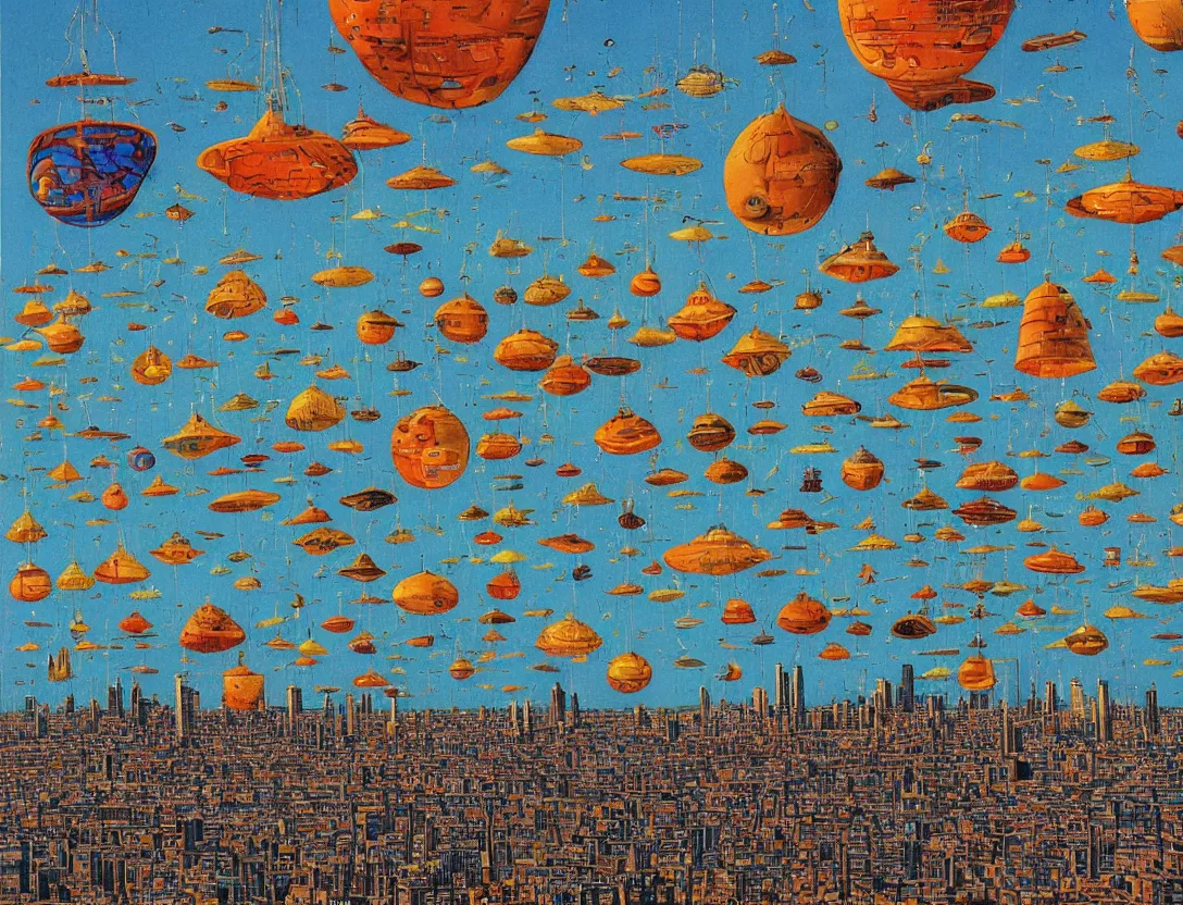 Image similar to ufos flying mysterious banners over the city, by mati klarwein and moebius