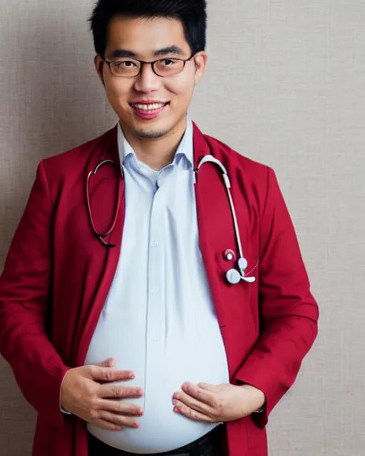 Prompt: Photograph of a handsome young Singaporean male doctor with a big pregnant belly while wearing doctor's coat, high quality photo