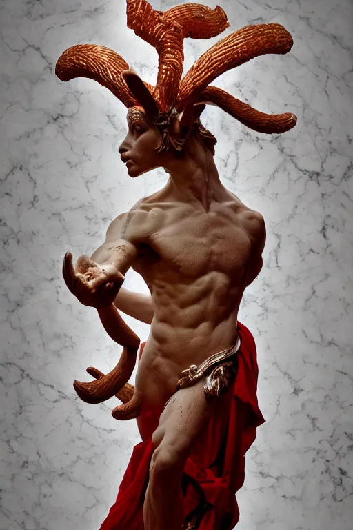 Prompt: a cinematic view of a ornated holy sacred faun statue made by black carrara marble using a old red silk veil and chrome ornaments made by hedi xandt, chris haas and bernini, realistic, macabre art, detailed image, photorealistic, volummetric light
