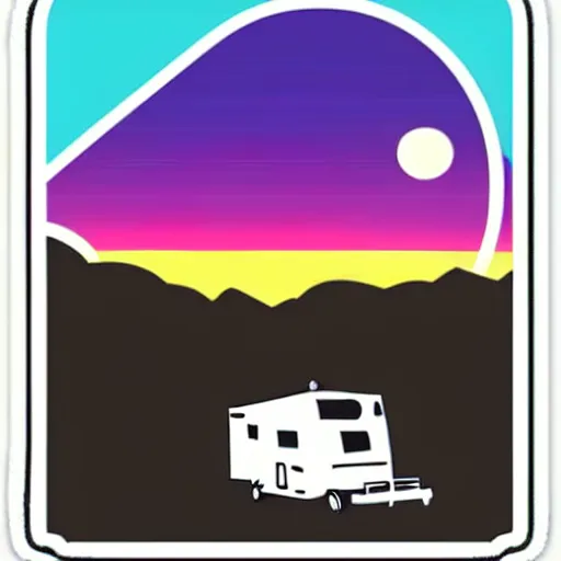 Prompt: sticker of a white and black cute thor chateau! motorhome camper!!, mountains, colorful sunset!!, stencil, sticker!! by tom whalen