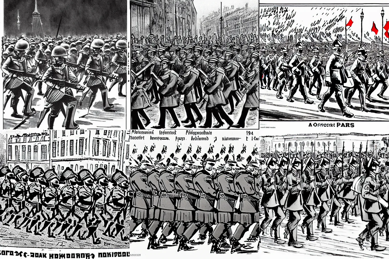 Prompt: a a comic illustration of the russian army marching into Paris in 1940