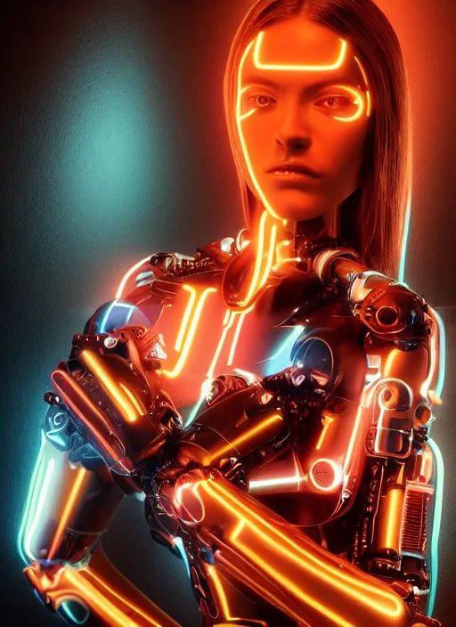 Image similar to photorealistic detailed full body picture of a female cyborg, pretty face with arms and legs and feet and hands, glamour pose, neon lights, humanoid, extreme, uhdr, book called the most influental cyborg in 2 0 5 0, fine details, highly detailed, intricate, smooth sharp focus, symmetrical features, environmental portrait, realistic render