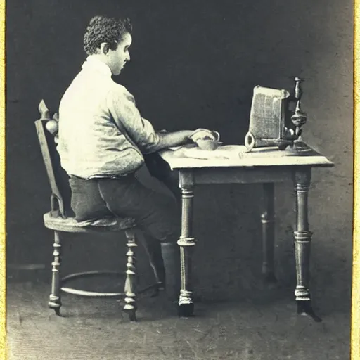 Image similar to an early 1800s photo of someone sitting at a computer making a donut in blender3d