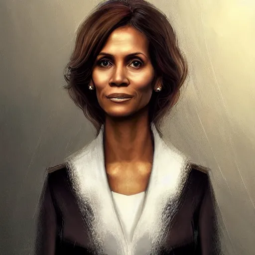 Image similar to portrait of maci holloway, first woman elected as president in usa, cold but beautiful, about 3 5 years old, highly detailed, mix of halle berry and julia roberts, artstation hd, deviantart, by artgem, greg rutkowski