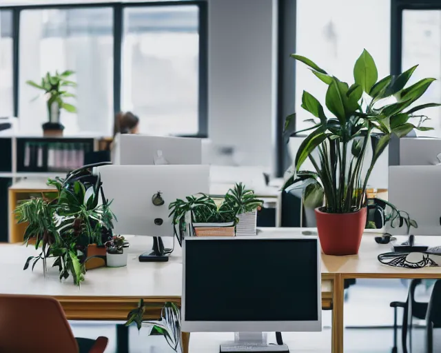 Prompt: photography of a boring desaturated office interior, a potted plant, desks and computers in the background