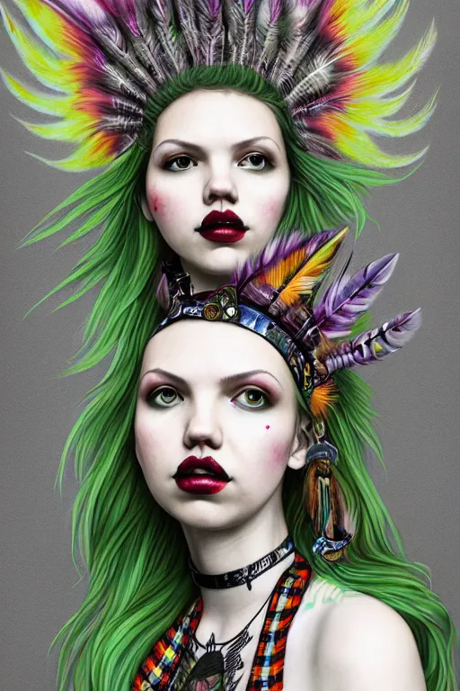 Prompt: portrait of hannah murray as a punk woman with green mohawk, neotraditional tattoos, fishnets, long tartan skirt as phoenix queen, feathers, wings, rainbow clothes,, sci - fi, intricate and very very beautiful and elegant, highly detailed, digital painting, artstation, smooth and sharp focus, illustration, art by tian zi and wlop and alphonse mucha