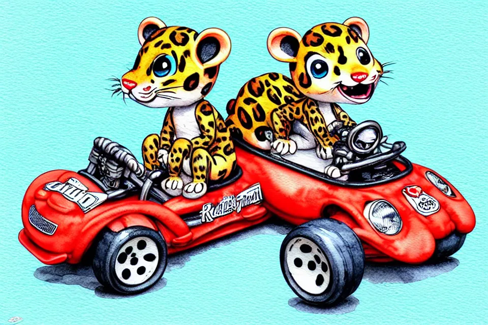 Image similar to cute and funny, baby leopard riding in a tiny go kart with oversized engine, ratfink style by ed roth, centered award winning watercolor pen illustration, isometric illustration by chihiro iwasaki, edited by range murata, tiny details by artgerm and watercolor girl, symmetrically isometrically centered