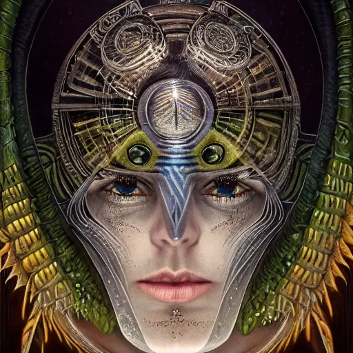 Image similar to beautiful closeup portrait of an art deco shaman, glowing eyes. reflective detailed textures, moth wings, highly detailed dark fantasy science fiction painting by tom bagshaw and michael whelan and diego rivera and annie swynnerton and jean delville, elaborate geometric ornament, ancient runes, silver and cool colors. artstation