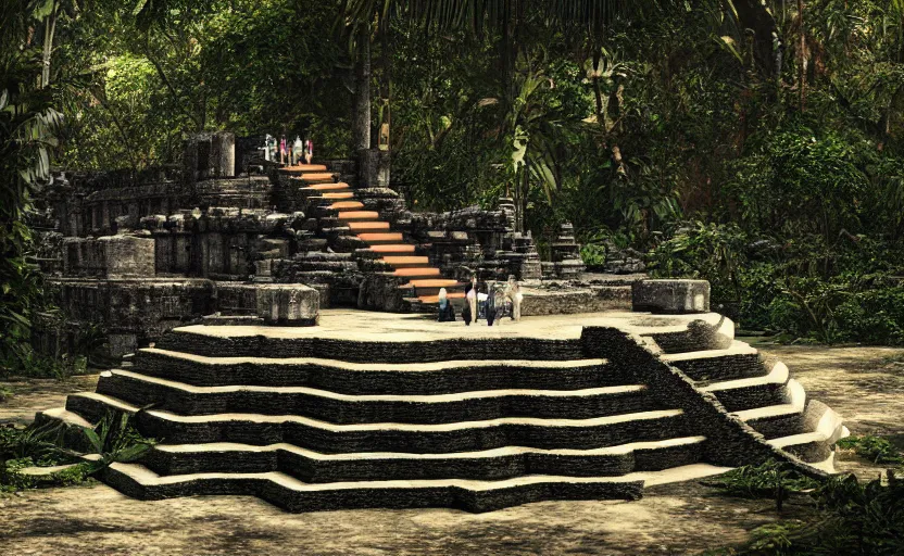 Prompt: Fashion Runway!, Catwalk!!, Platform in a Maya Temple in the Rainforest, Concept Art, Octane, Redshift, 4k