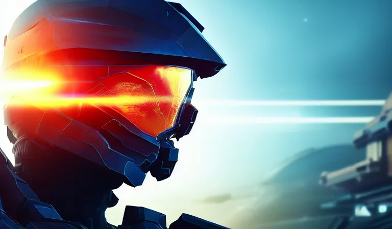 Image similar to cyberpunk halo helmet on space, planet behind, close shot, reflection, epic, dramatic, cinematic, award winning, ultra detailed, realistic, 8k,