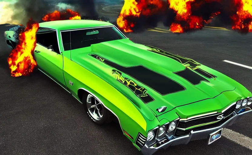 Image similar to a green 1 9 7 0 chevrolet chevelle ss driving high speed, fire explosion in the background, action scen. realistic. high resolution. dramatic