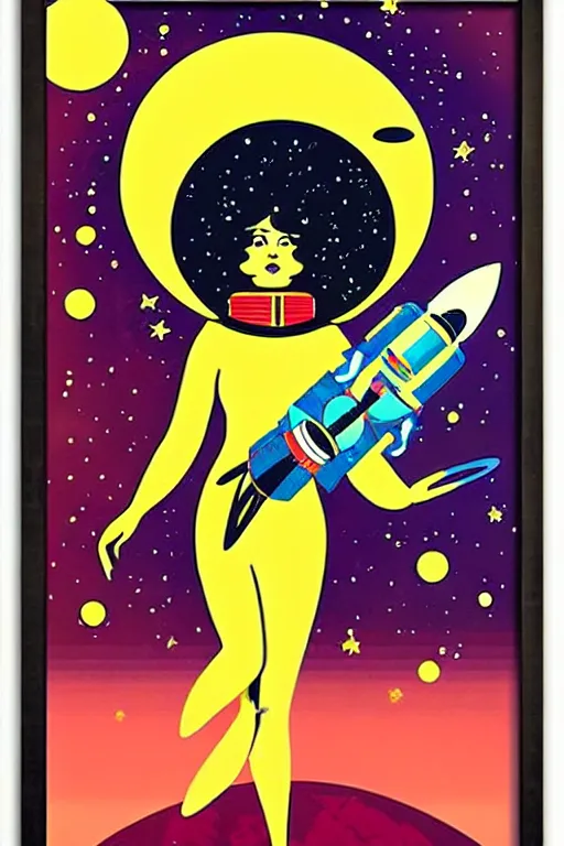 Image similar to art nouveau art deco travel poster. astronaut lady with a raygun in outer space, alien planets, framed poster