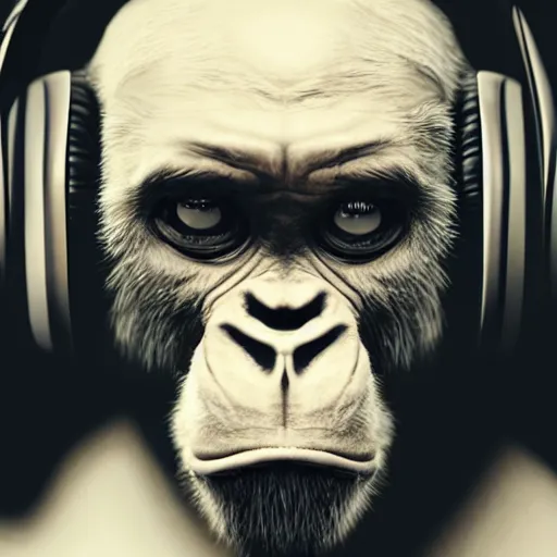 Image similar to a detailed portrait of a cyber punk ape wearing headphones, 8 k
