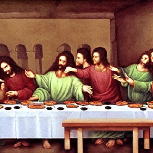 Image similar to eating pizza at the last supper