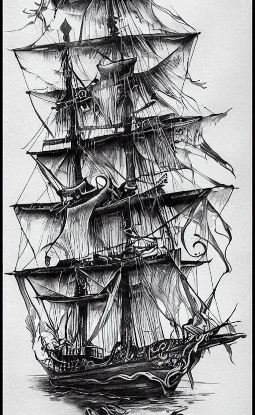 Image similar to A tattoo design on paper of a pirate ship, on paper, black and white, highly detailed tattoo, realistic tattoo, realism tattoo, beautiful shades