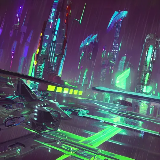 Prompt: Futuristic concept art of a spaceship flying in a cyber punk neon city at night with rain, extremely detailed photo