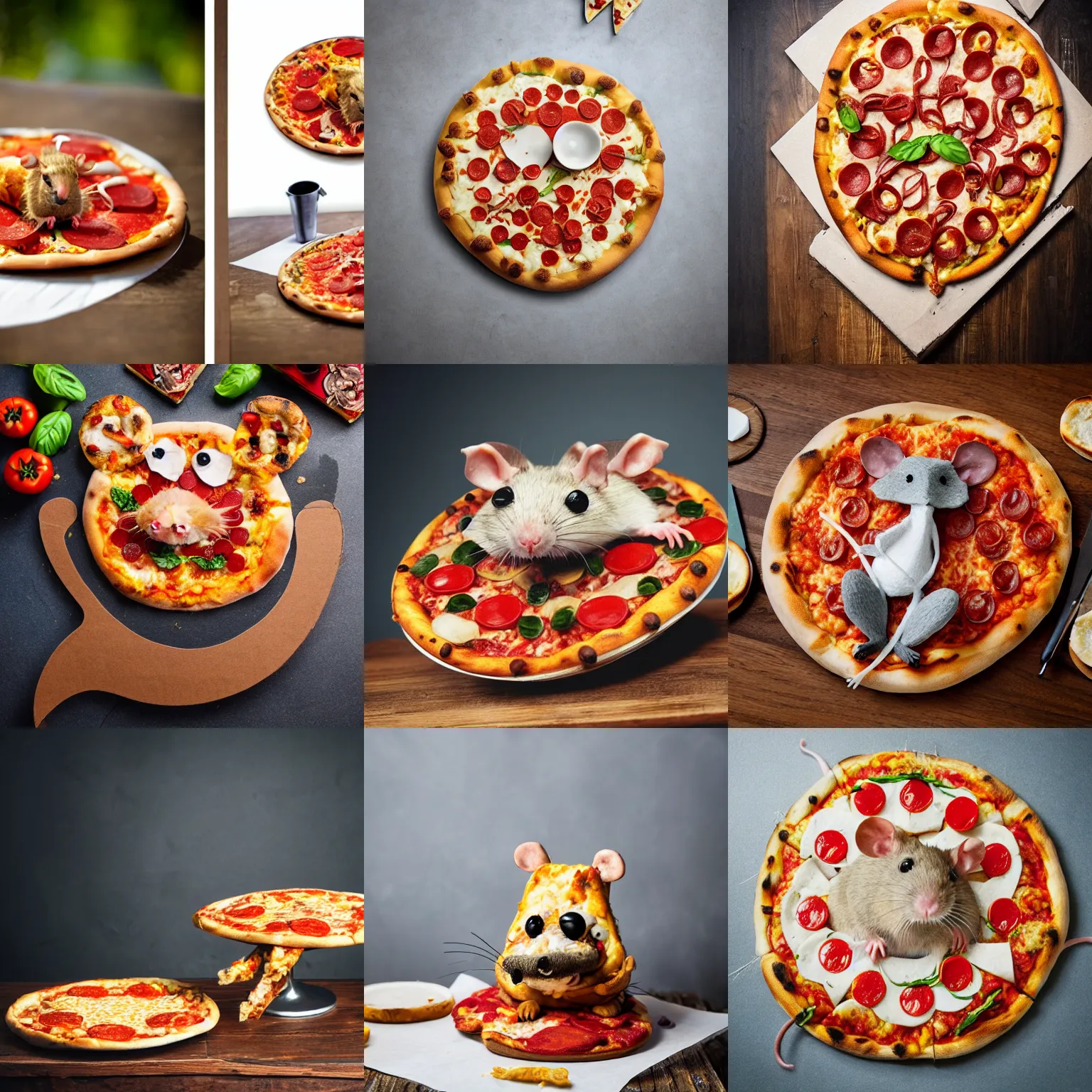 Prompt: a rat made of pizza, on a table, professional food photography