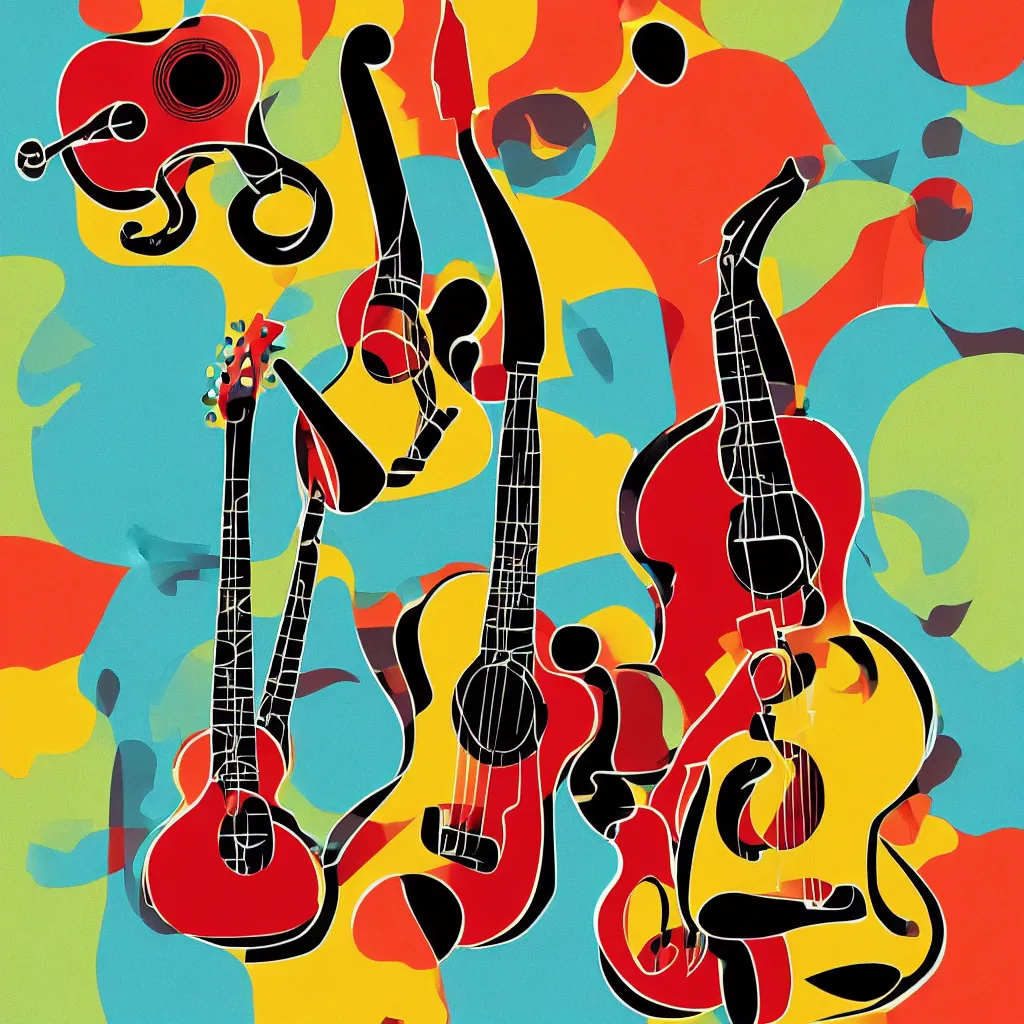 Prompt: mgbdlln jazz summer festival poster, guitar, saxophone, double bass, strings, notes modern digital art, minimalism