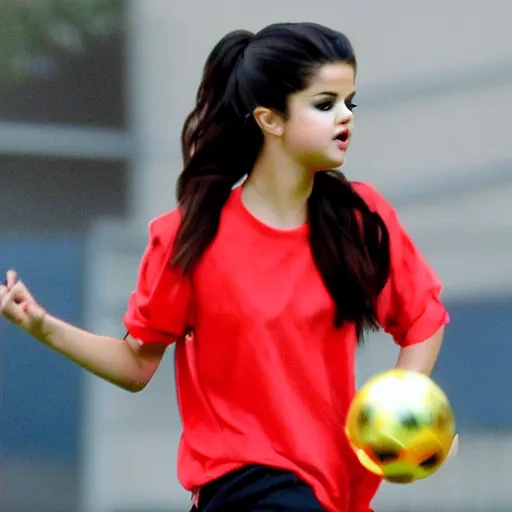 Prompt: Selena Gomez playing soccer, high quality photograph