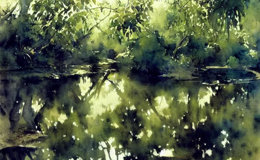 Prompt: watercolor lanscape by anders zorn, jungle nature, fruit trees, very very very very beautiful art, dramatic light, water reflections, aquarelle paint splashes and drips, drops