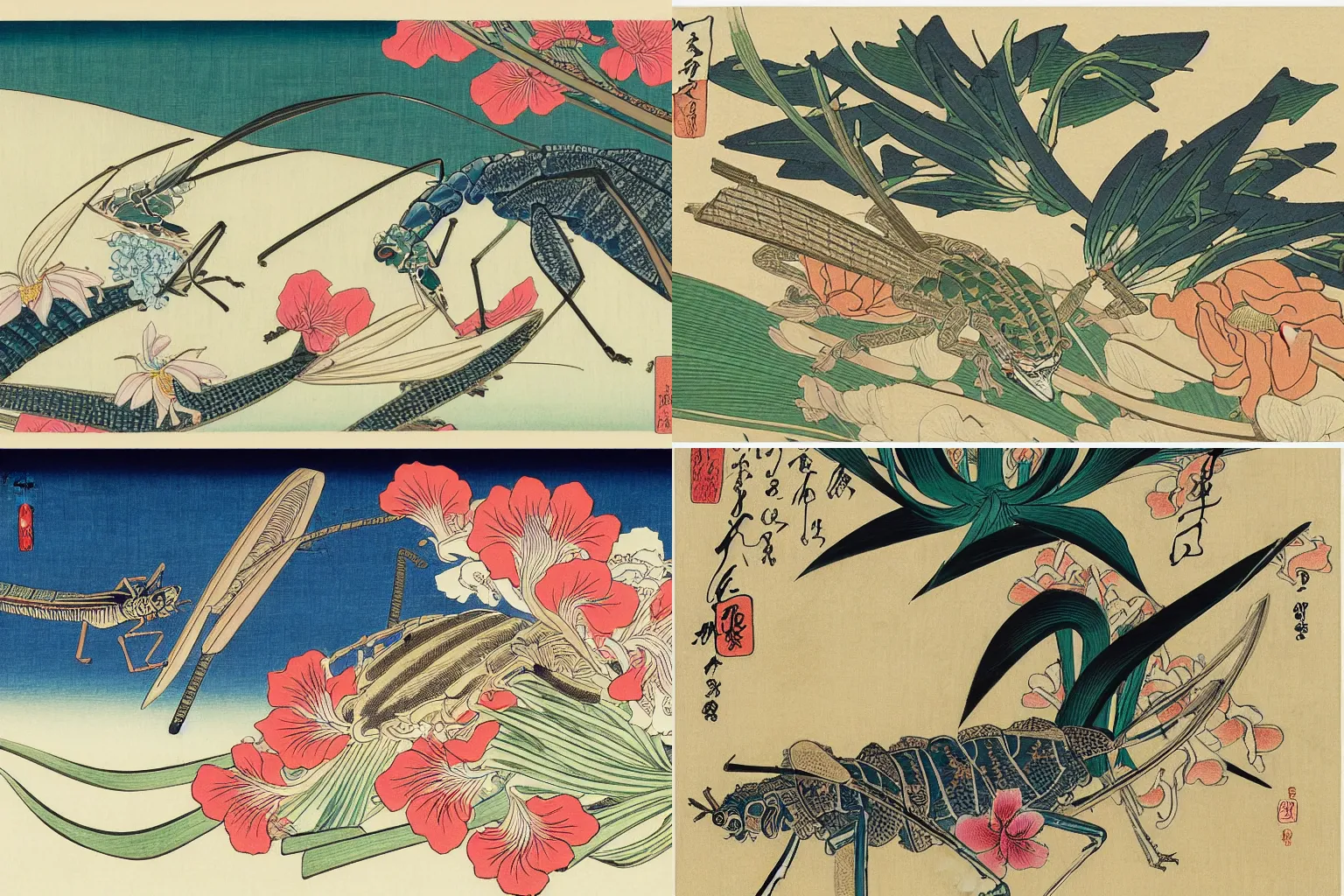 Prompt: a beautiful ukiyo - e drawing of a grasshopper and irises by katsushika hokusai and utagawa hiroshige, masterpiece, hyperdetailed, intricate, complex, 4 k